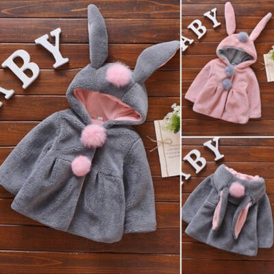 Kids Baby Girls Rabbit Ear Hoodies Plush Coat Winter Jacket Outwear Clothes