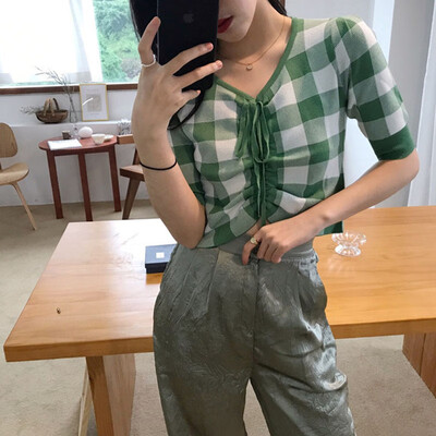 Ladies Summer Vintage Pleated Drawstring Collar Exposure Belly Contrast Plaid Short Sleeve Sweater Top
Ladies Summer Vintage Pleated Drawstring Collar Exposure Belly Contrast Plaid Short Sleeve Sweater Top