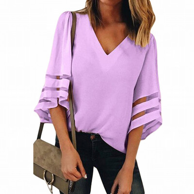 Solid color V-neck flare seven-point sleeve loose womens white-collar shirt casual top
Solid color V-neck flare seven-point sleeve loose womens white-collar shirt casual top