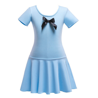 Children Girls dance dress Cotton Mesh Bow Decoration Round Collar Short-sleeved Dance Practicing Dress Gymnastics Clothes