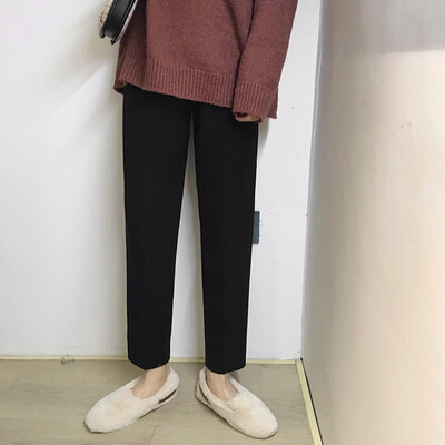 Autumn Winter Knitted High Waist Casual Pants Loose Solid Straight Femme Trousers