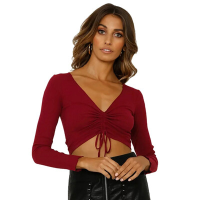 Sexy Deep V Neck Long Sleeve Lace Up Skinny Basic T-shirt Women Crop Top Slim Cropped T Shirt Female Wine RedBlack Tee Tops
Sexy Deep V Neck Long Sleeve Lace Up Skinny Basic T-shirt Women Crop Top Slim Cropped T Shirt Female Wine RedBlack Tee Tops