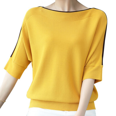 Striped Knitted T-Shirt Women Fashion Half Sleeve Slash Neck Bottoming Tops Female Elegant Tshirt camiseta mujer
Striped Knitted T-Shirt Women Fashion Half Sleeve Slash Neck Bottoming Tops Female Elegant Tshirt camiseta mujer