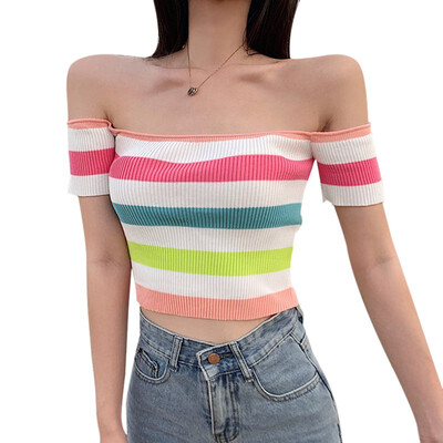 Gril Korean Crop Tops Cotton Rainbow Printed Short Sleeve Tee Sexy Slash Collar T Shirts Kawaii Loose Streetwear
Gril Korean Crop Tops Cotton Rainbow Printed Short Sleeve Tee Sexy Slash Collar T Shirts Kawaii Loose Streetwear