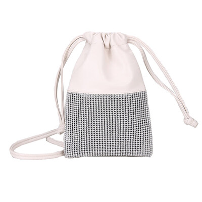 Women Rhinestone Faux Leather Patchwork Drawstring Small Crossbody Pouch Bag