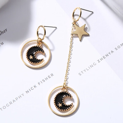 Enamel Star Moon Dangle Ear Stud Earrings Asymmetric Hook Clip Jewelry Women