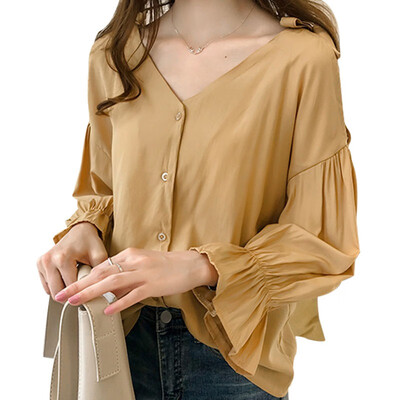 Women Flare Sleeve Blouse Solid Color V Neck Long Sleeve Cut Out Bow Off-shoulder Tops Female Autumn Elegant Shirt
Women Flare Sleeve Blouse Solid Color V Neck Long Sleeve Cut Out Bow Off-shoulder Tops Female Autumn Elegant Shirt