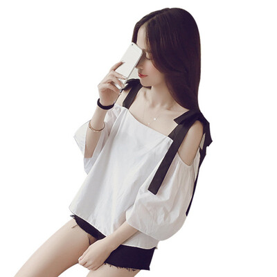 Loose Casual White Preppy Style Women T Shirt Fashion All-match Off Shoulder Sling Top
Loose Casual White Preppy Style Women T Shirt Fashion All-match Off Shoulder Sling Top