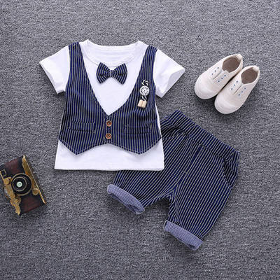 Summer Baby Boys Clothes Fake Two Pieces Short Sleeve T-Shirt Tops with Bow TieStripe Shorts Formal Outfits Sets
Summer Baby Boys Clothes Fake Two Pieces Short Sleeve T-Shirt Tops with Bow TieStripe Shorts Formal Outfits Sets