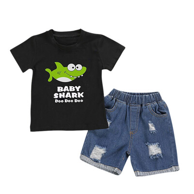 Summer Baby Girls Casual Cartoon Shark Printing Short Sleeve T-shirt And Denim Short Pants Kit Kids Clothes Two-piece Outfit Set
Summer Baby Girls Casual Cartoon Shark Printing Short Sleeve T-shirt And Denim Short Pants Kit Kids Clothes Two-piece Outfit Set