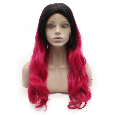 Long Wavy Black Pink Synthetic Lace Front Wig