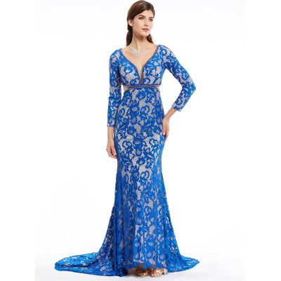 CAZDZY V Neck Zipper-Up Lace Mermaid Evening Dress