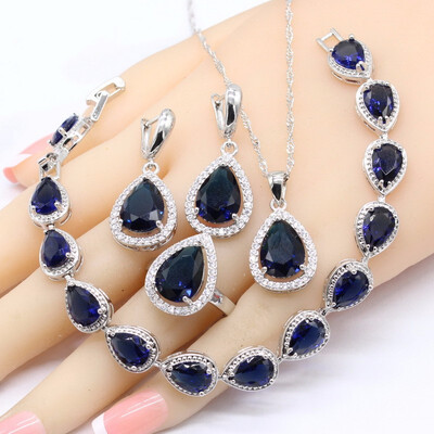 925 Silver Jewelry Sets For Women Water Drop Dark Blue Sapphire Bracelet Earrings Necklace Pendant Rings
925 Silver Jewelry Sets For Women Water Drop Dark Blue Sapphire Bracelet Earrings Necklace Pendant Rings