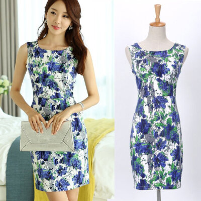 Women's Dress OL Temperament Sleeveless Elastic O-Neck Slim Blue Floral Printed Dress Plus
Women's Dress OL Temperament Sleeveless Elastic O-Neck Slim Blue Floral Printed Dress Plus