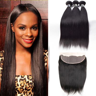 Amazing Star Ear To Ear Frontal with Bundles Peruvian Virgin Straight Hair Bundles with 13x4 Closure Human Hair with Frontal