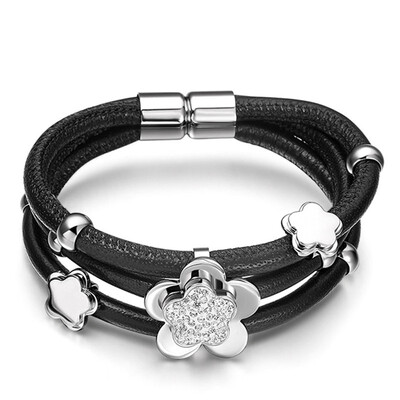 Womens Multi Layers Stainless Steel Flower Charm Bracelet with Leather Strap Magnetic Clasp
Womens Multi Layers Stainless Steel Flower Charm Bracelet with Leather Strap Magnetic Clasp