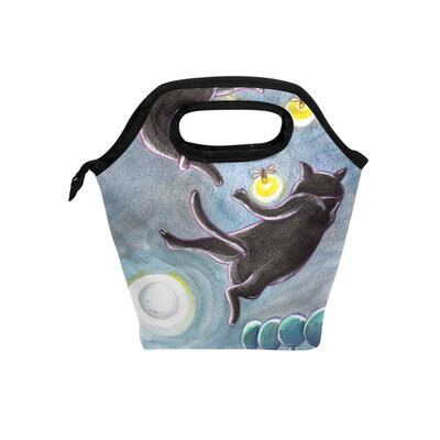 Black Cat Lunch Bag Tote Travel Picnic Insulated Handbags Portable Zipper Lunch Bag Box