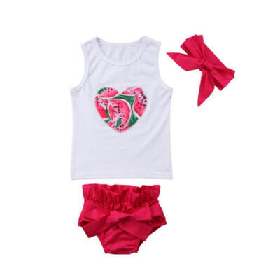 Toddler Baby Kids Girls Heart Watermelon Outfits Set 3pcs Casual Cute Headband