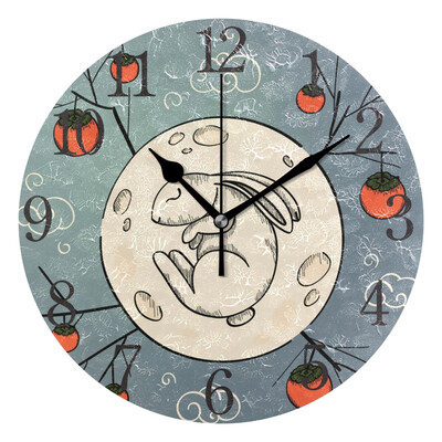 Wall Clock Arabic Numerals Design Rabbit And Tomato Round