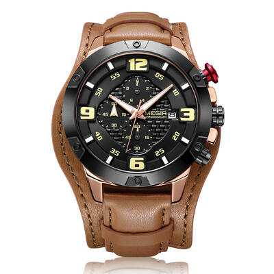 MEGIR 2099 Men Watch Quartz Sport Simple Wristwatch Leather Strap 3ATM Waterproof Calendar Chronograph Luminous Hands Fashion Casu