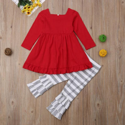 Kids Baby Girls Xmas Outfits Clothes Long Sleeve Tops DressStriped Pants Set AU