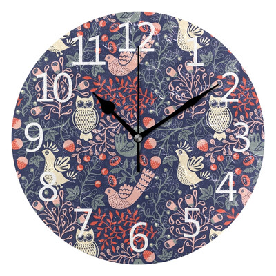 Wall Clock Arabic Numerals Design Floral Pattern And Owl Round