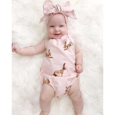 Newborn Baby Girls Rompers Floral Bodysuit Jumpsuit Outfits Sunsuit Pink Rabbit