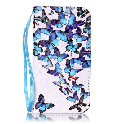 Blue Butterfly Design PU Leather Flip Cover Wallet Card Holder Case for SAMSUNG J5