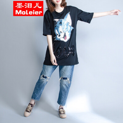 Fat MM large-size womenswear only black fashion T-shirt with a long T-shirt