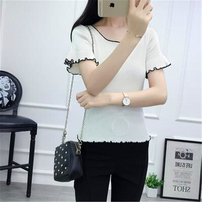 2017 autumn and winter shirt new round neck ice horn trumpet sleeves Slim short sleeve knit T-shirt
2017 autumn and winter shirt new round neck ice horn trumpet sleeves Slim short sleeve knit T-shirt