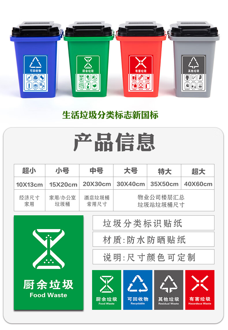定制新国标版垃圾分类贴纸标识贴北京厨余可回收垃圾桶防水标签贴