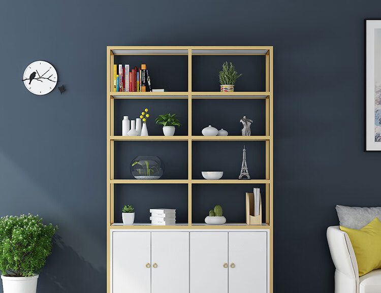 可定做 精甄 欧式铁艺金色多层带柜落地书置物架门咖啡厅家用办公收纳展示装饰 图片色 框架金色+白色层板 长150宽25高200CM高