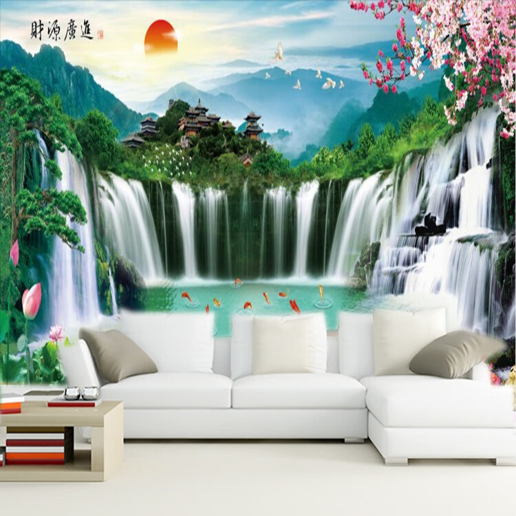 多美莱8d中式电视背景墙壁纸5d客厅山水风景画墙纸墙布立体壁画迎客松