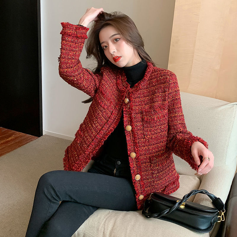 短外套女冬季圣诞节冬季新款红色小香风粗花呢短款韩版外套女夹棉名媛