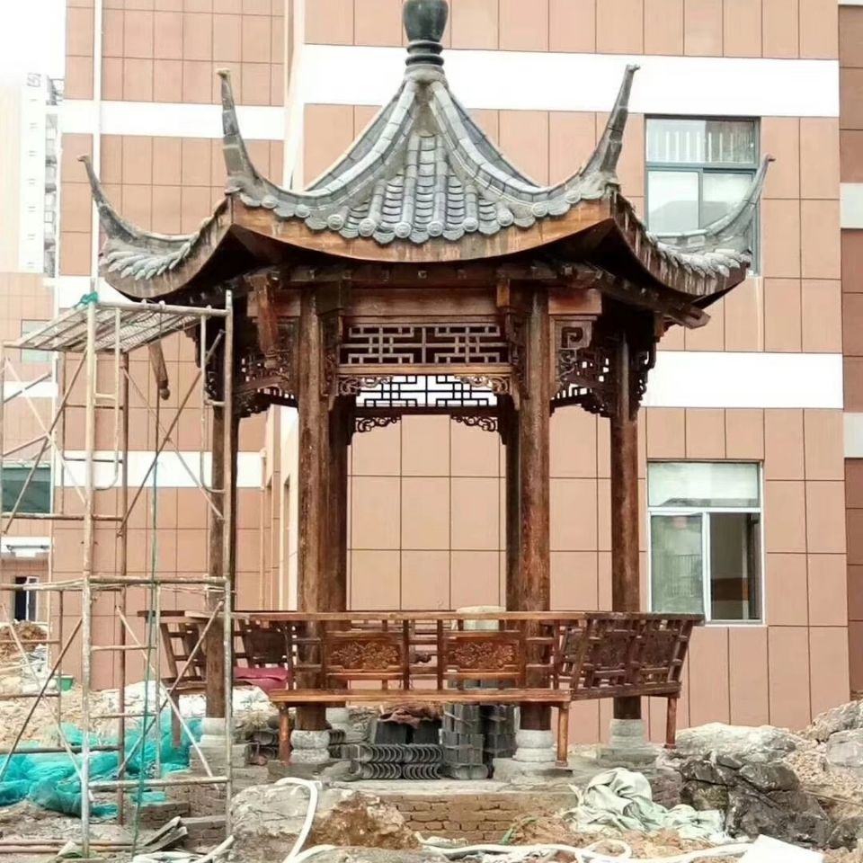 新款户外景观庭院别墅碳化防腐实木六角古建凉亭四角中式仿古双层亭卡