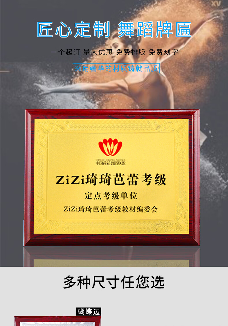 菩本精致中国舞蹈家协会考级证书拉丁舞铜牌荣誉牌匾儿童教育培训机构