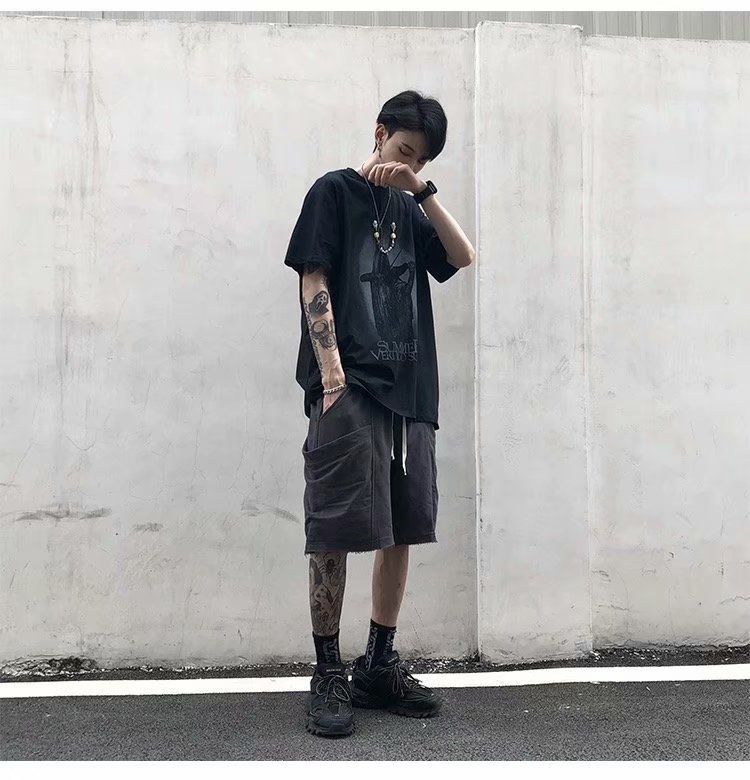 男生oversize风格短袖,短袖oversize男生 黛卓蒂暗黑系欧美高街t恤男短袖潮牌oversize幽灵印花