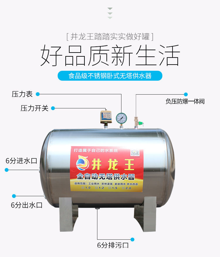 井龙王卧式无塔供水器不锈钢压力罐家用全自动全套水塔水箱储水罐增压