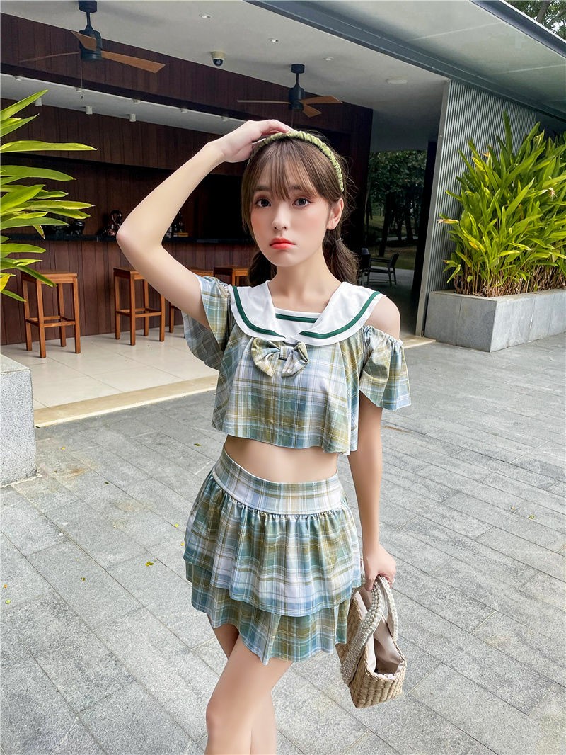 分体泳装水手服柠檬茶jk泳衣平角学生可爱温泉女泳服柠檬绿茶泳衣两件