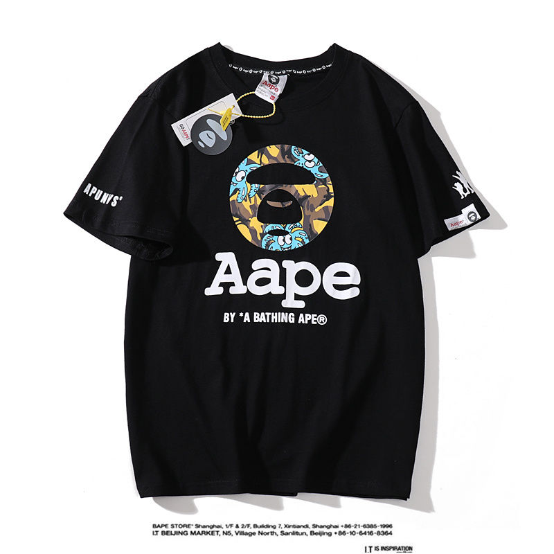 潮牌aape高质量夏季短袖男t恤原人头棉圆领上衣运动休闲服印花半袖衫