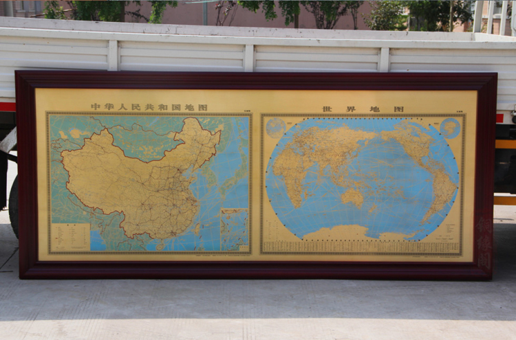 2021新款 铜版画中国世界地图带框客厅大厅办公室会议室壁画金属装饰