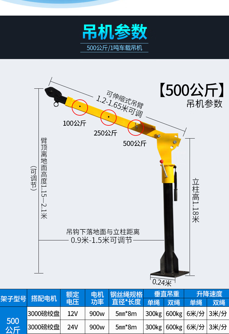 车载吊机12v随车小吊机车用随车吊24v小型起重机1吨升降悬臂吊车加厚