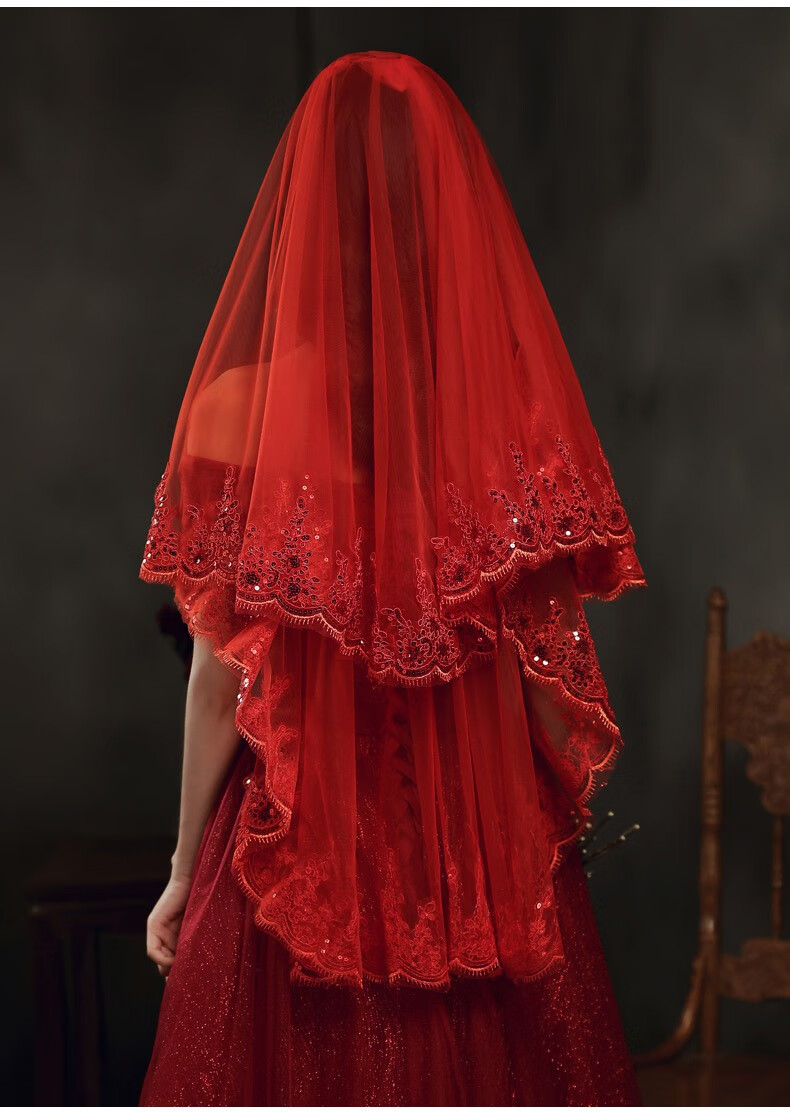 婚纱头纱红色头纱新娘长款秀禾服红盖头结婚短款中式复古风网纱红色