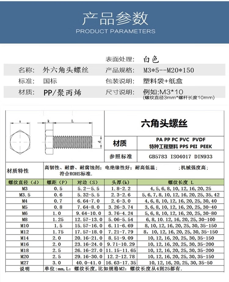 聚丙烯pp外六角耐酸碱耐腐蚀塑胶螺杆m16 m18 m20 m27塑料螺栓 pp螺丝