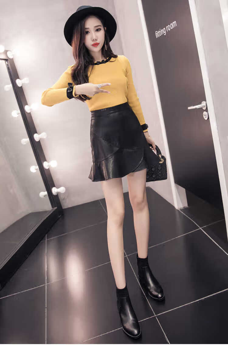 高品质皮裙半身裙女2021新款秋冬新款小皮裙半身裙高腰荷叶边pu皮短裙