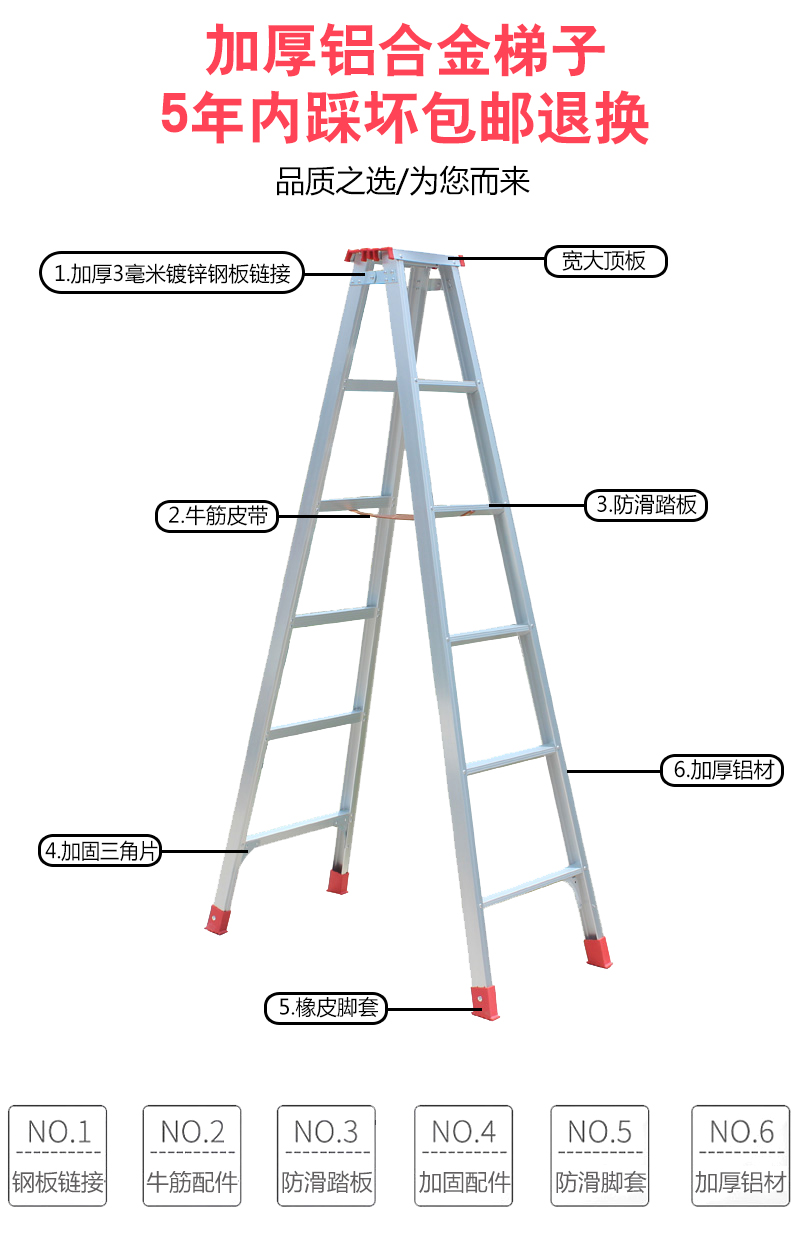 时尚家具加厚2米人字梯加厚铝合金梯子家用梯子折叠梯楼梯梯子放心购 2米高--材料厚度1.2毫米