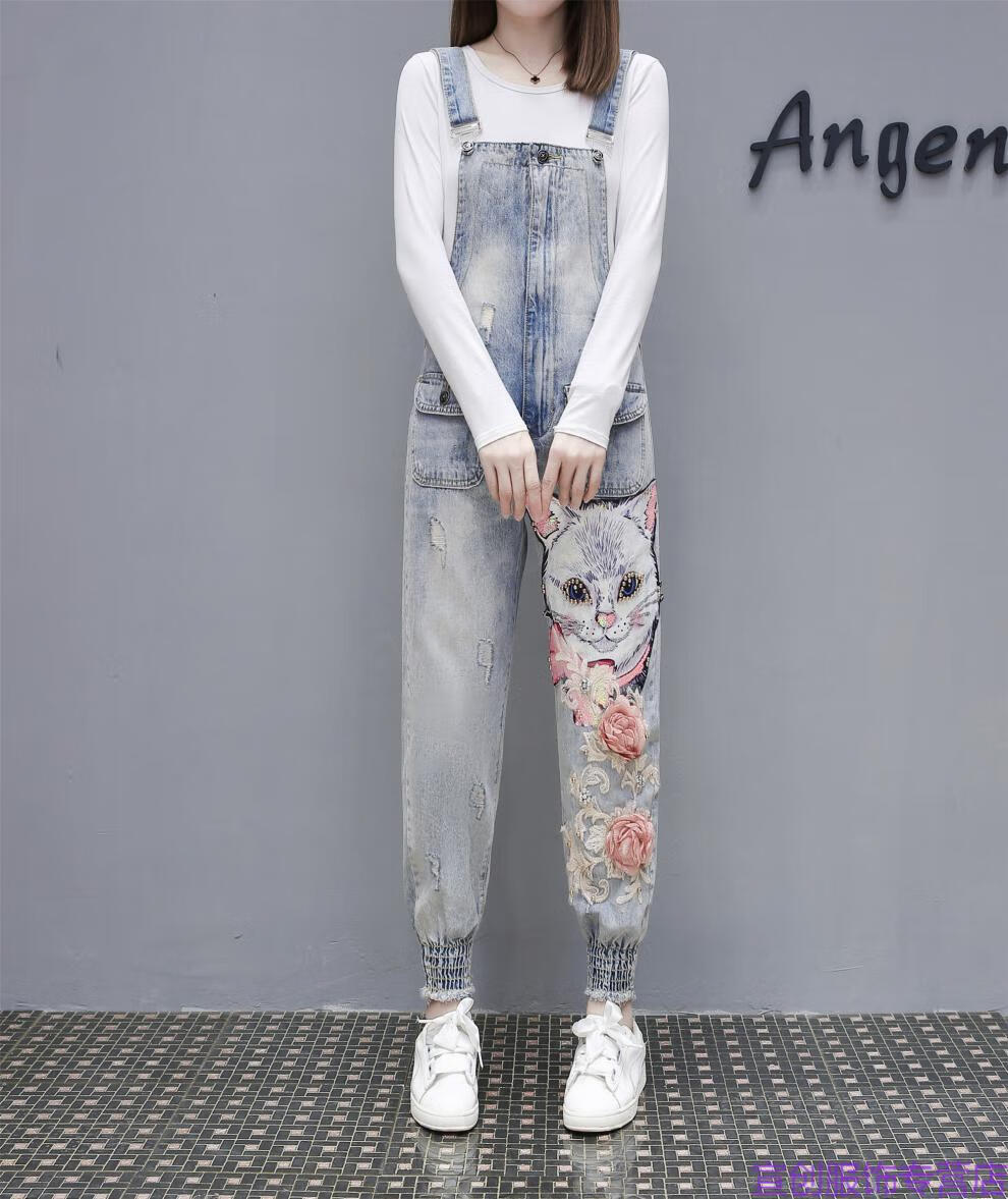 欧洲站牛仔背带裤女2020春秋新款卡通亮片破洞韩版宽松哈伦吊带裤