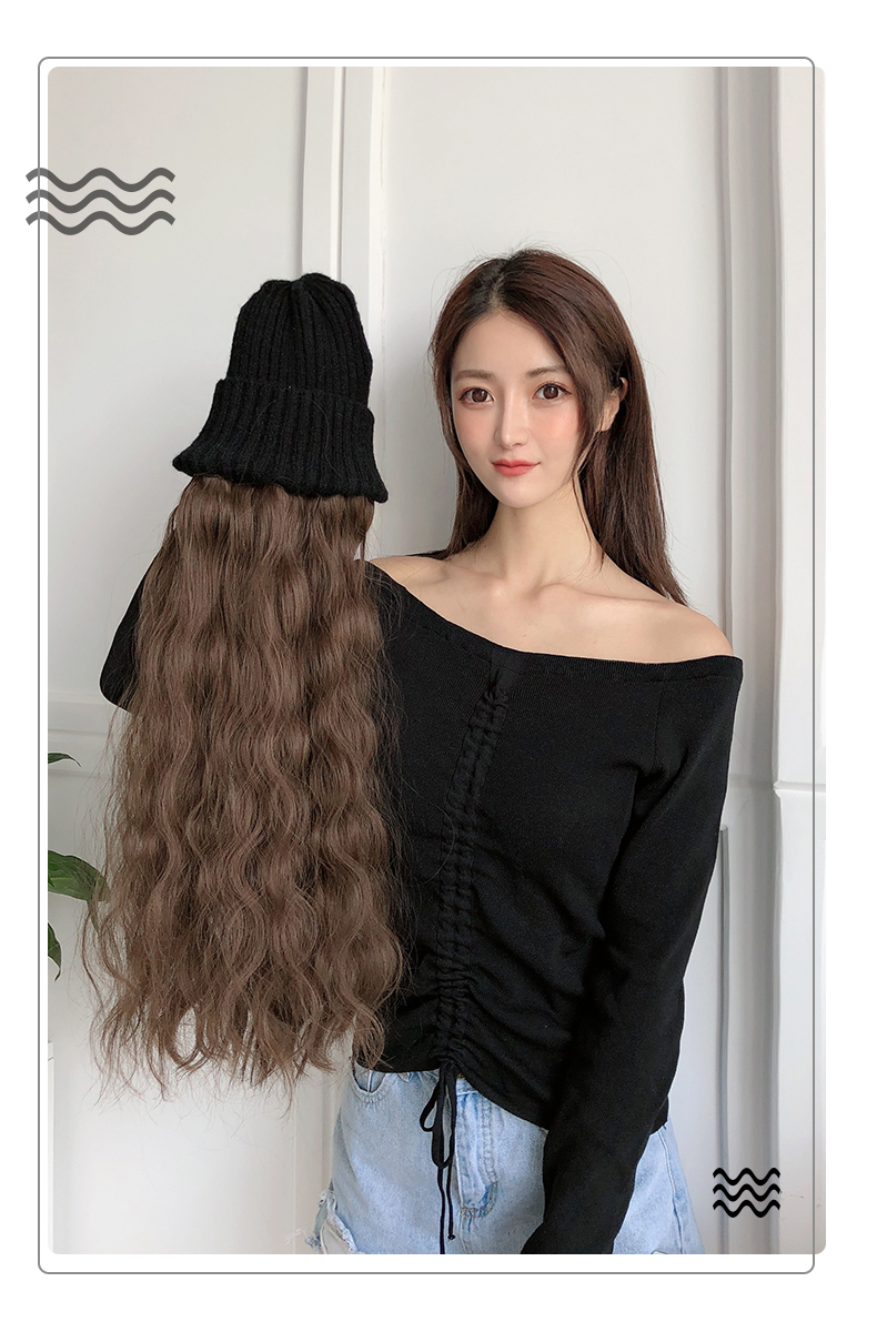毛线帽子假发一体女冬天网红水波纹长卷发韩版仿真大波浪长发发套橘色