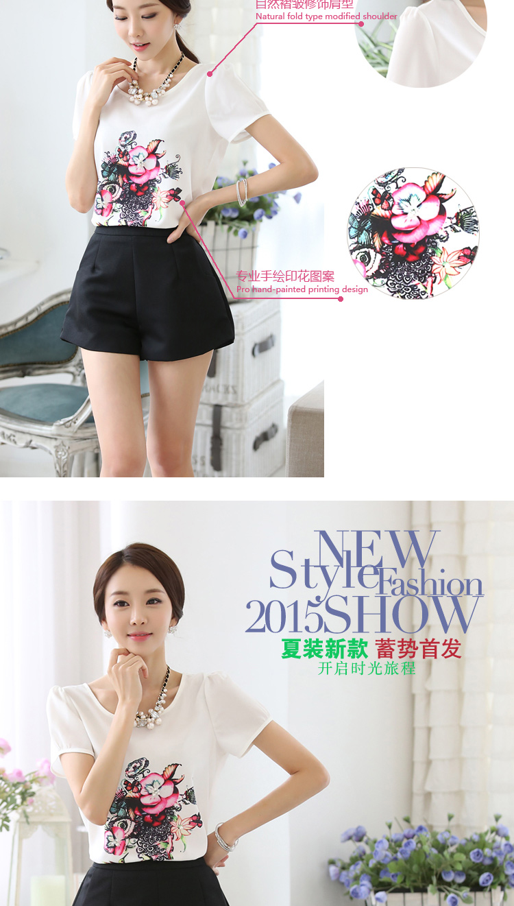 2015雪纺衫女短袖t恤夏装新款时尚韩范潮圆领印花大码修身上衣 图片色 2XL