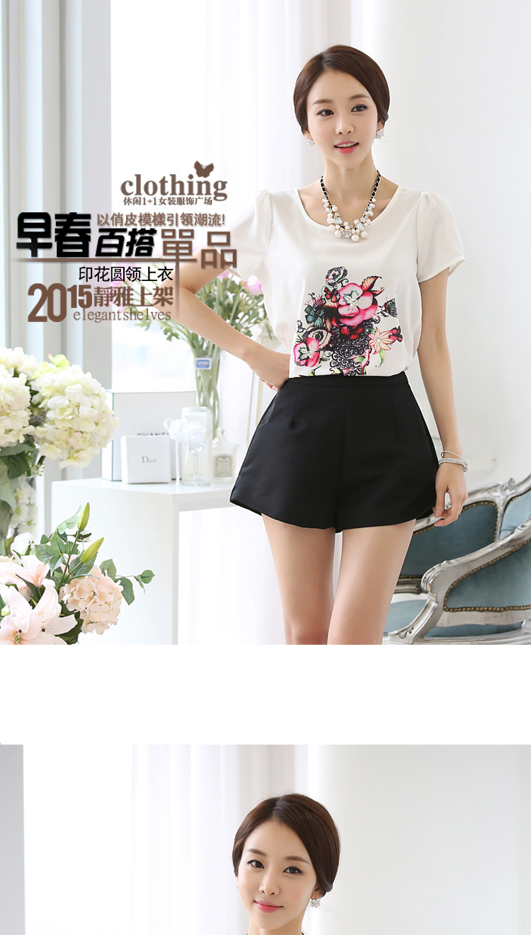 2015雪纺衫女短袖t恤夏装新款时尚韩范潮圆领印花大码修身上衣 图片色 2XL